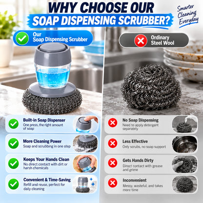 2-in-1 Soap Dispensing Steel Scrubber for Tough Grease & Burnt-On Food