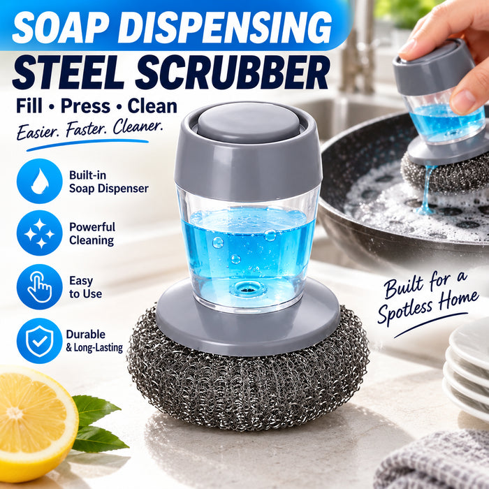 2-in-1 Soap Dispensing Steel Scrubber for Tough Grease & Burnt-On Food