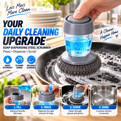 2-in-1 Soap Dispensing Steel Scrubber for Tough Grease & Burnt-On Food