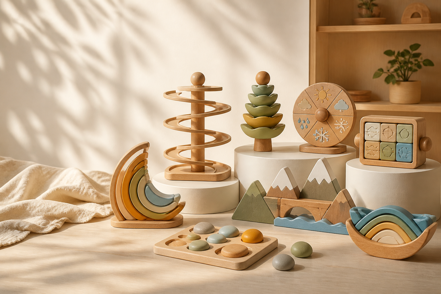 Original wooden children's toys arranged in a warm nursery studio